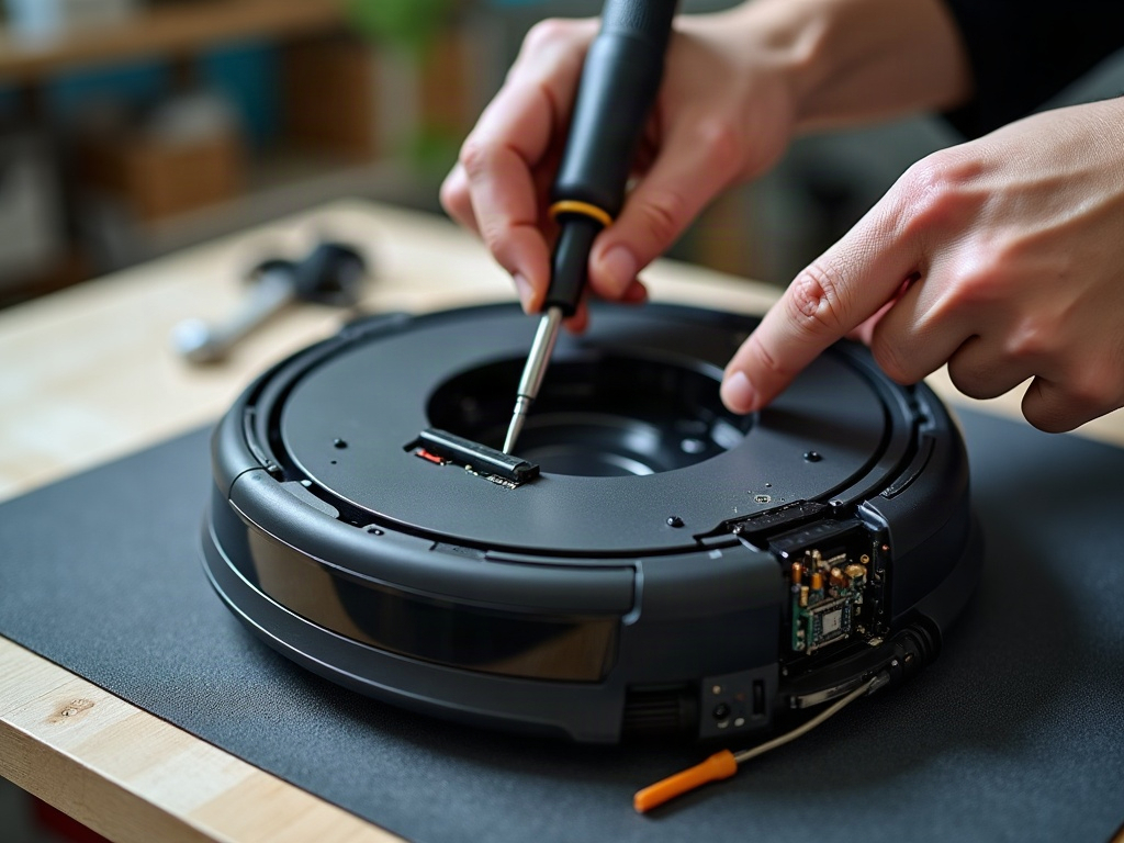A close-up view of a robot vacuum's battery compartment, with the battery disconnected and ready for replacement.