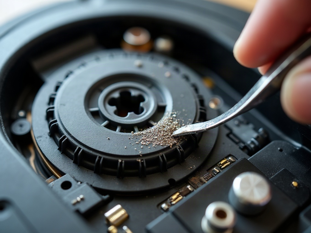 A robot vacuum cleaner with its bottom plate removed, exposing the battery compartment.