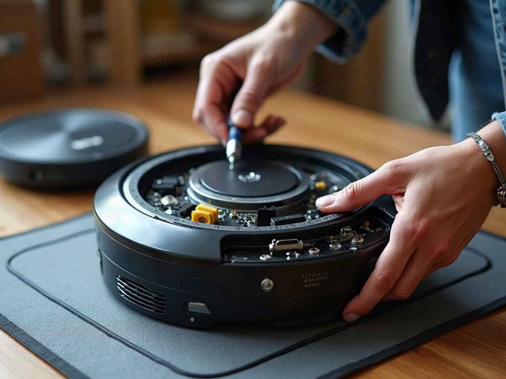 A close-up view of the internal components of a robot vacuum cleaner, including the wheel motors, sensors, and circuit board.