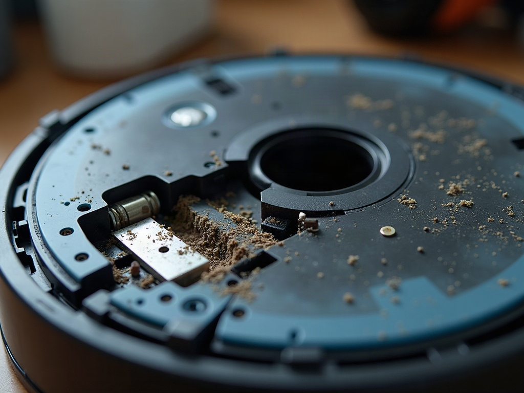 A robot vacuum cleaner on a hardwood floor with its top cover removed, exposing the internal components.