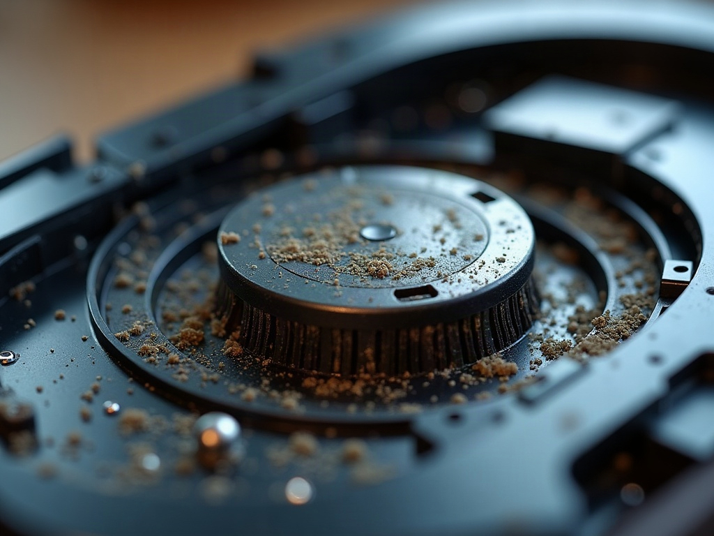 A robot vacuum cleaner with its bottom plate removed, exposing the internal components like wheels, sensors, and brushes.