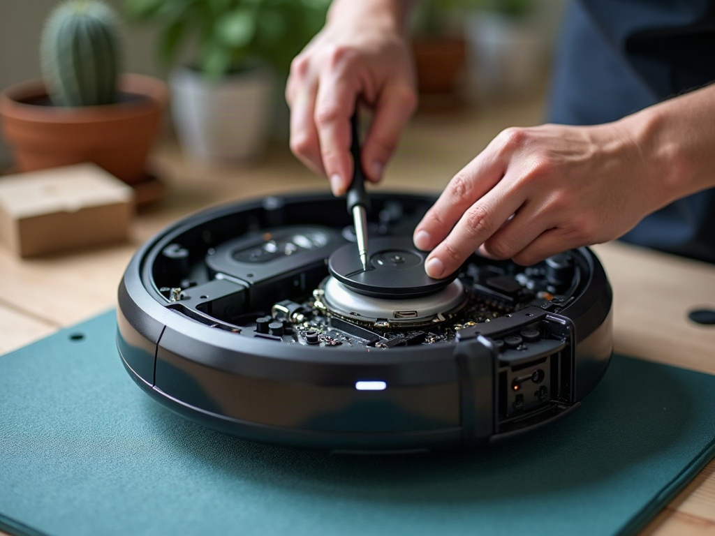 A close-up view of the charging contacts on a robot vacuum