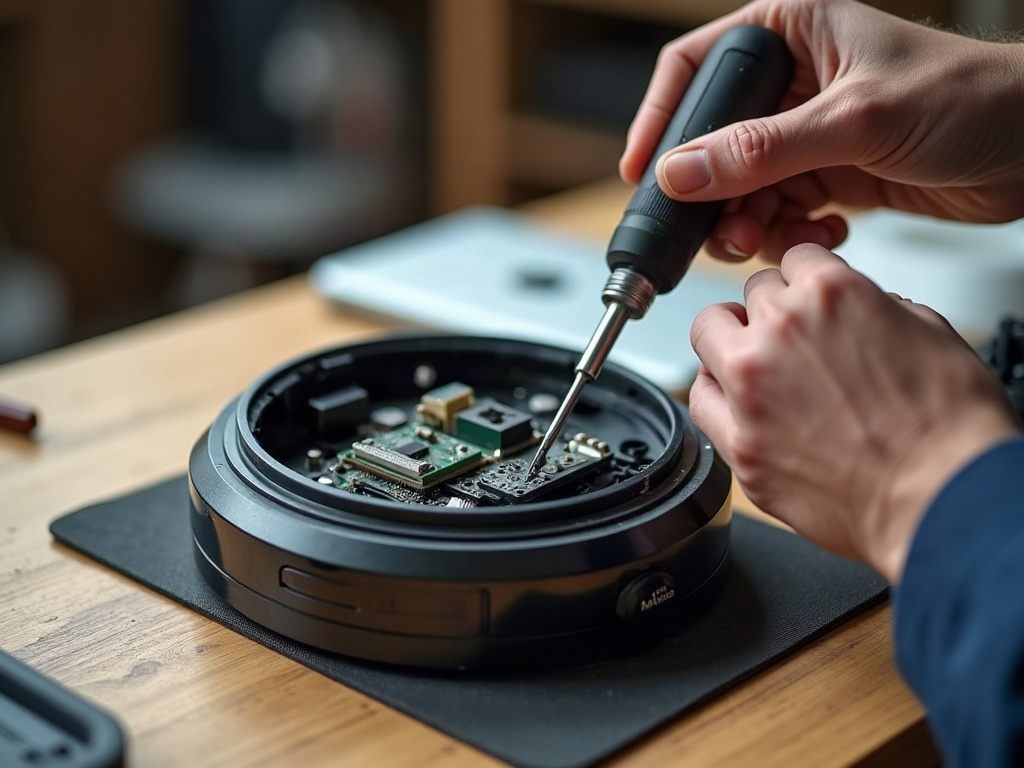 The underside of a robot vacuum cleaner with the bottom cover removed, showing the wheels, sensors, and brush roll