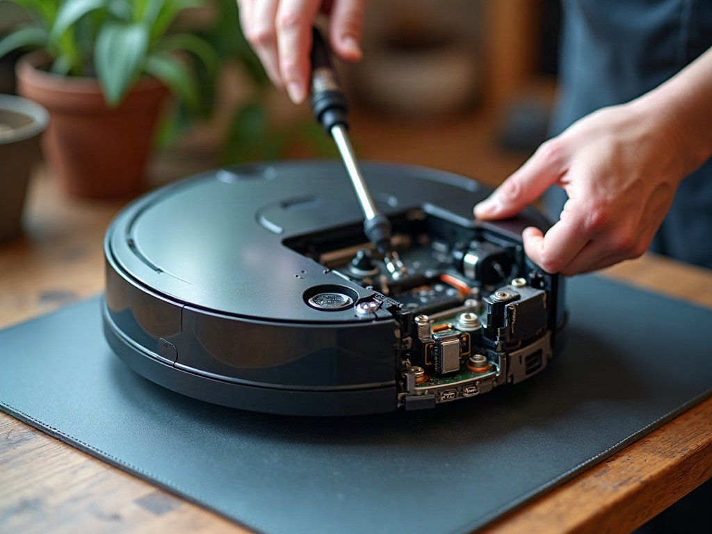 A robot vacuum cleaner's underside with visible sensors and wheels