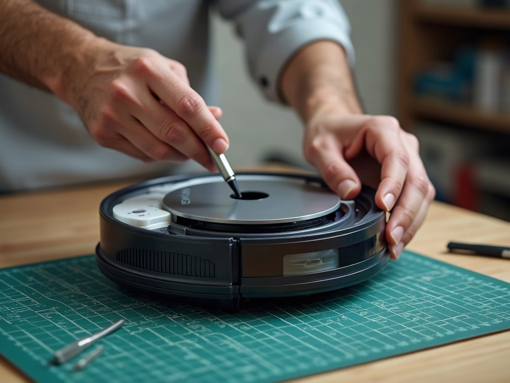A close-up view of the internal components of a robot vacuum, including the wheel motors and brush rollers.