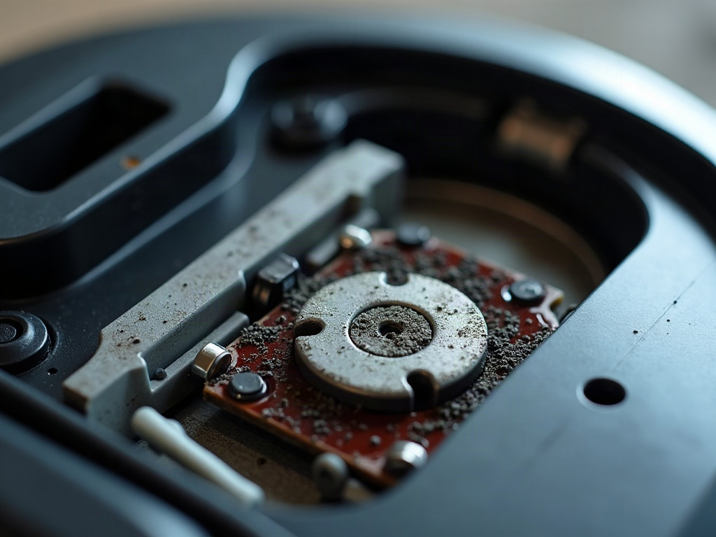 A robot vacuum cleaner with its bottom panel removed, exposing the internal components.