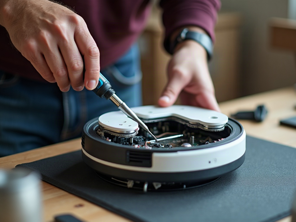 Hands repairing disassembled robot vacuum with screwdriver on anti-static mat.