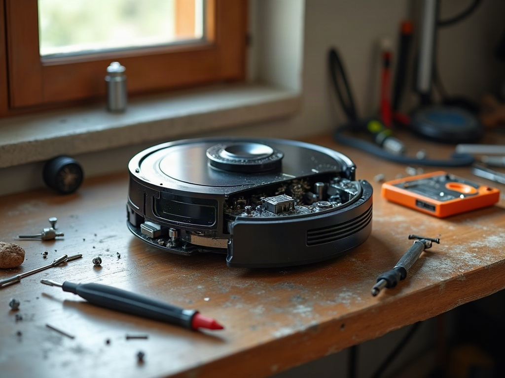A partially disassembled robot vacuum on a wooden workbench with repair tools and natural light.