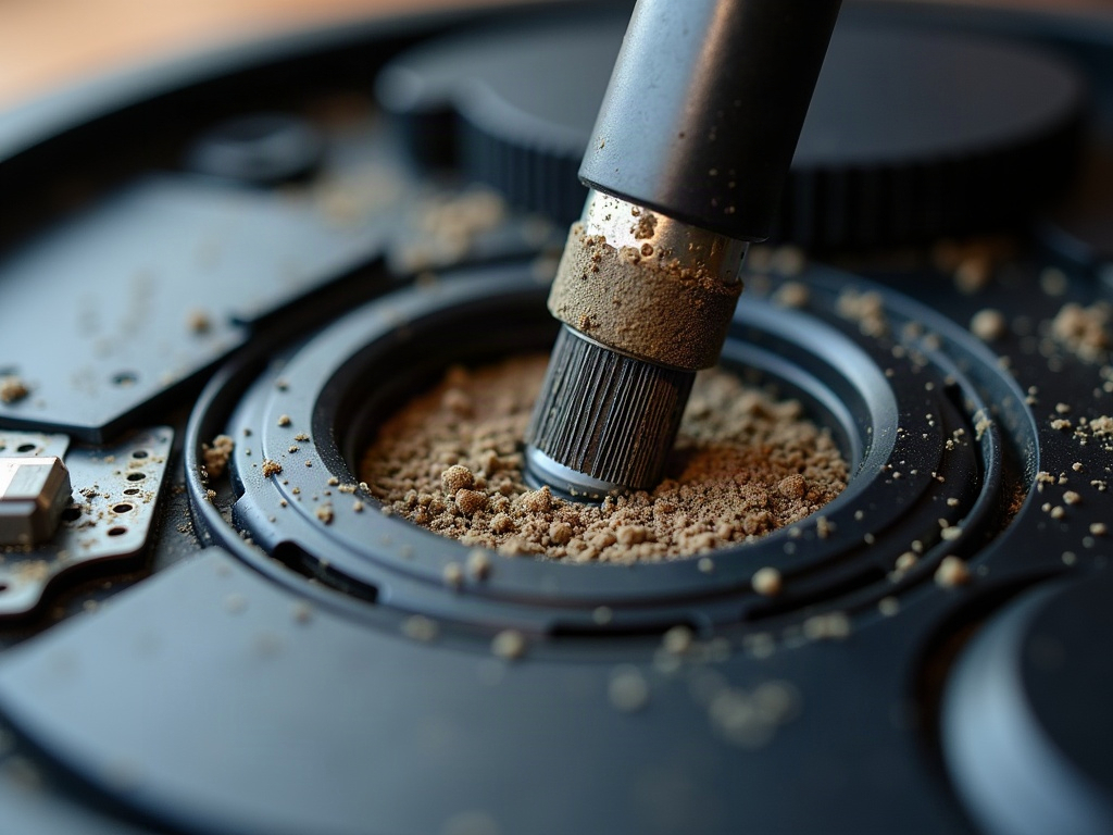 A close-up view of a dirty, worn internal component from a robot vacuum.