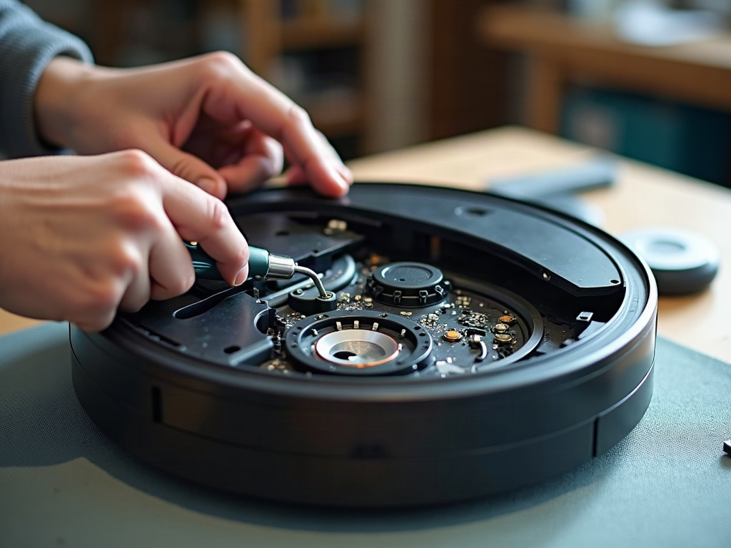 A close-up view of a robot vacuum's battery pack being replaced.