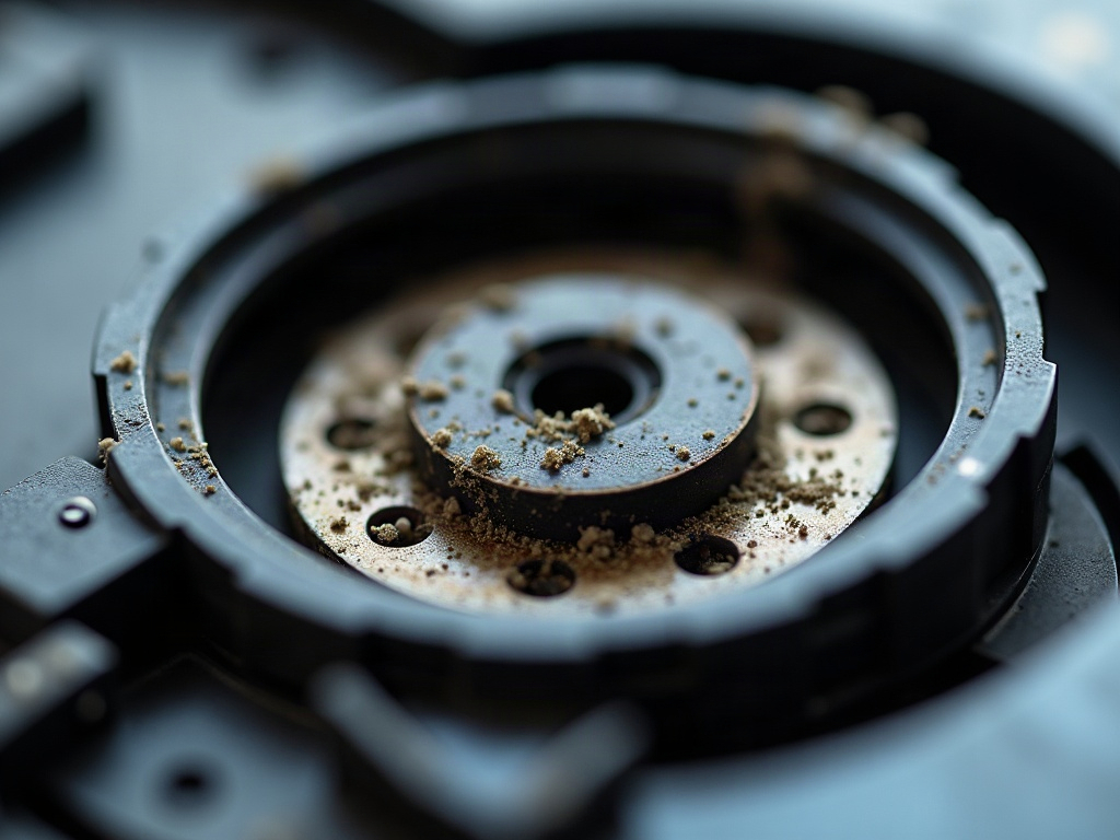 A robot vacuum cleaner with its bottom panel removed, exposing the internal components.