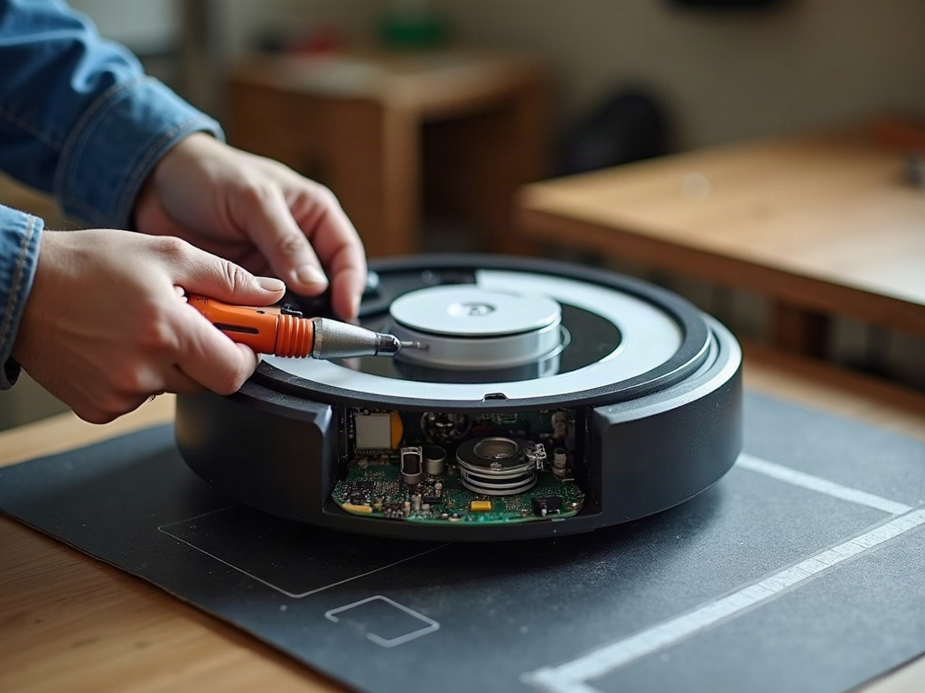 A close-up view of the internal components of a robot vacuum, including the brush roll, wheels, and sensors.