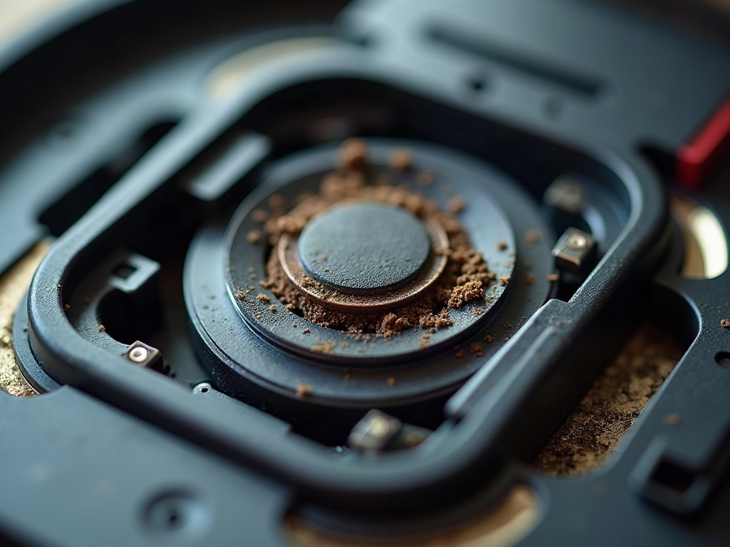 A robot vacuum cleaner with its bottom plate removed, revealing the internal components like the brush roll, wheels, and sensors.