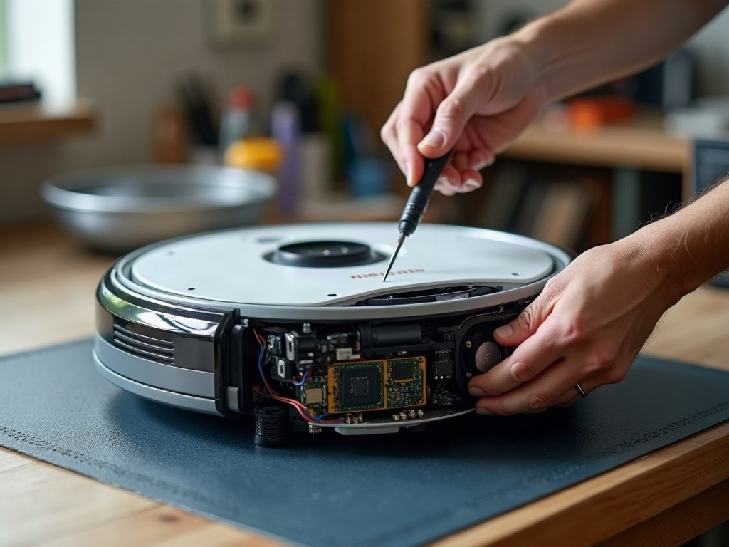 A close-up view of the internal components of a robot vacuum, including the suction fan, filters, and debris inlet.
