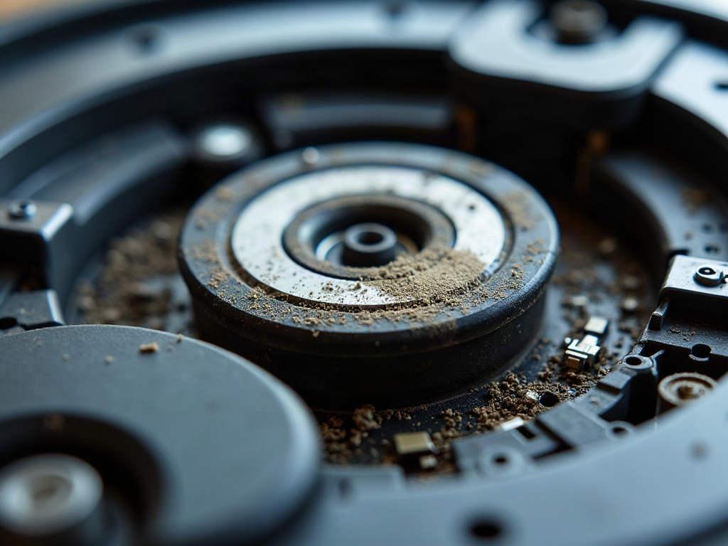 A robot vacuum cleaner with its bottom plate removed, exposing the internal components like the suction fan and filters.