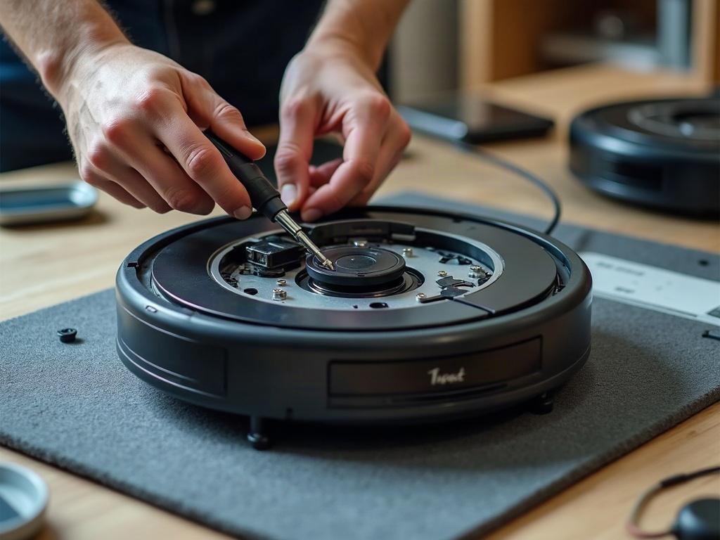 A robot vacuum cleaner with its bottom plate removed, exposing the internal components.