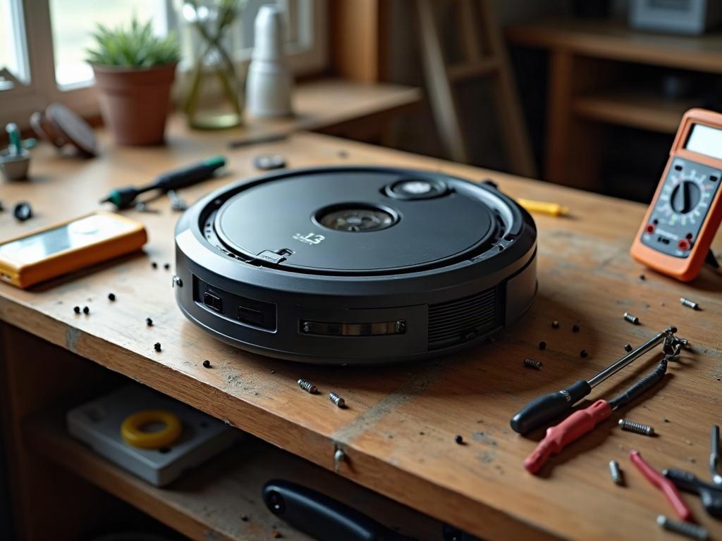 A close-up view of the internal components of a robot vacuum, including the brushes, wheels, and sensors.