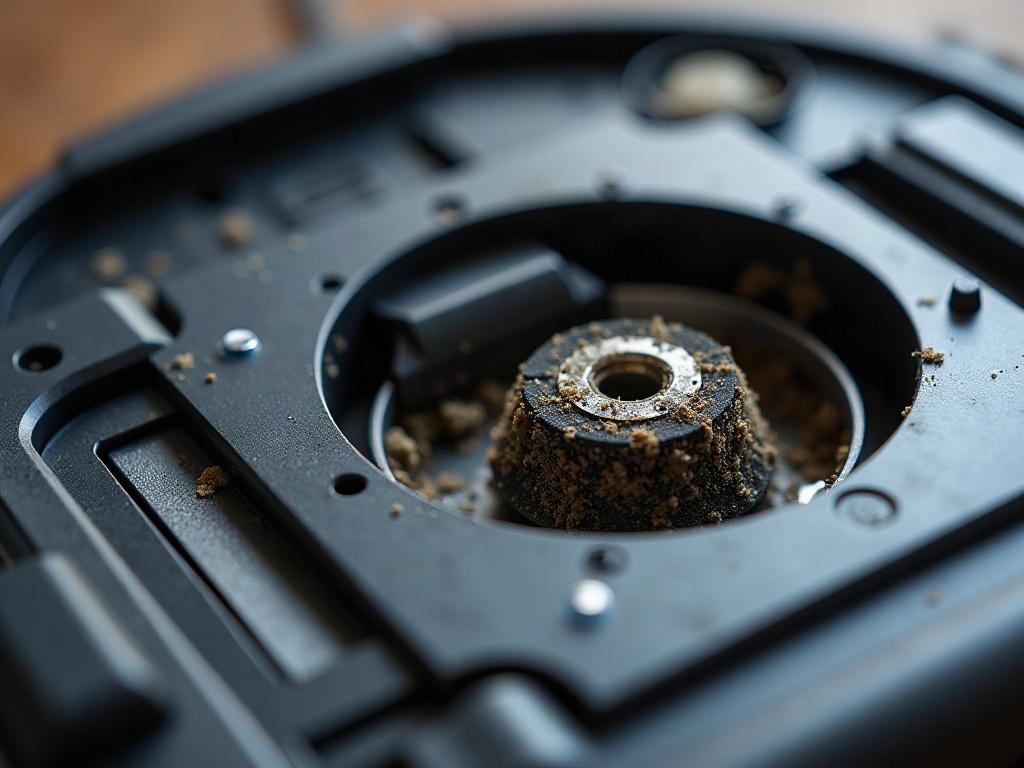 A close-up view of the underside of an Ecovacs Deebot robot vacuum cleaner, showing the cliff sensors