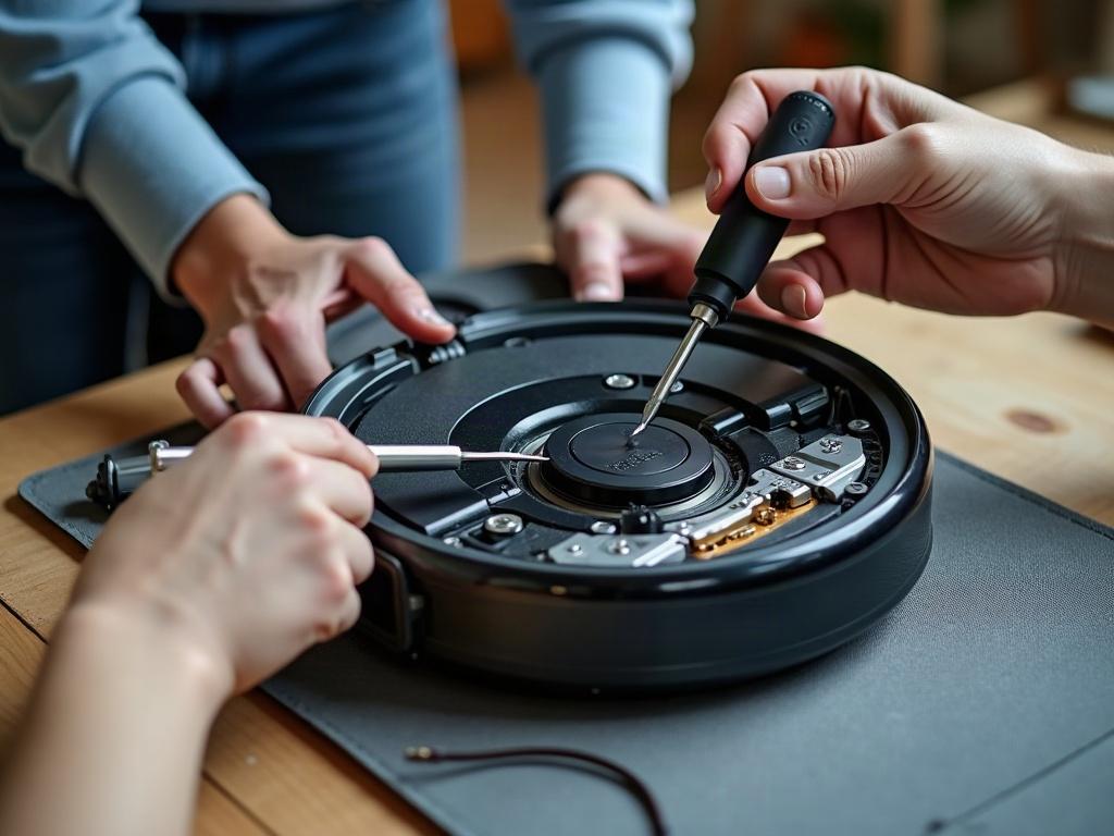 A robot vacuum cleaner with its bottom panel removed, revealing the internal components.