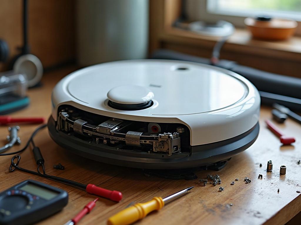 A Roborock robot vacuum cleaner with its bottom panel removed, exposing the internal components.