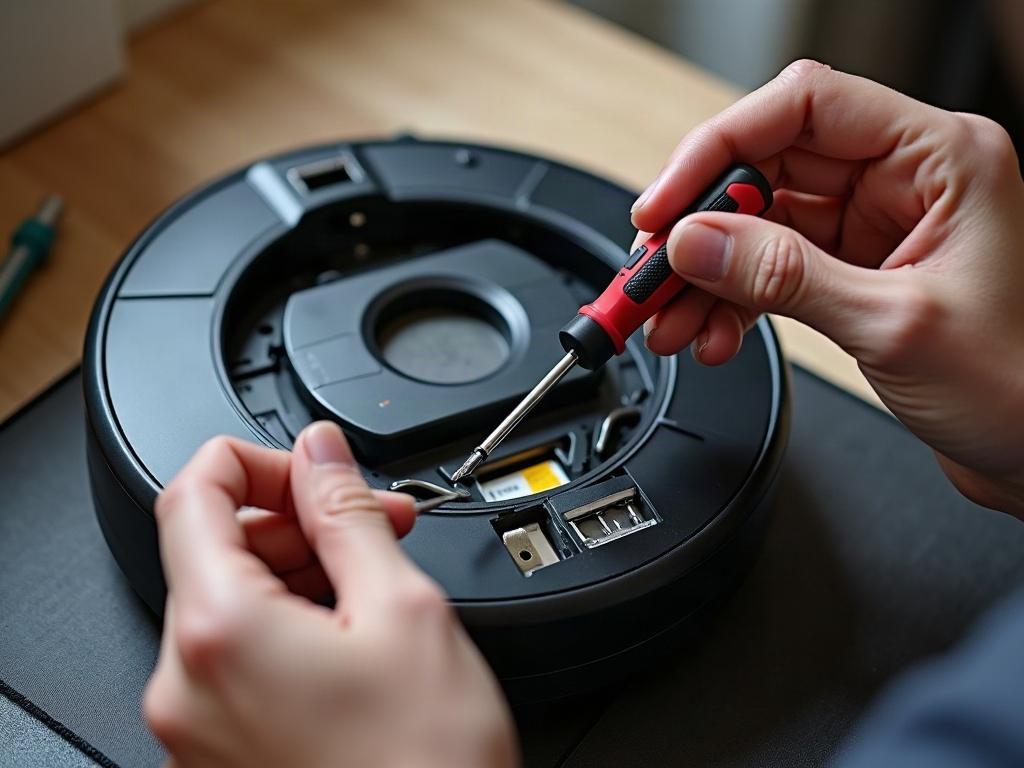 A robot vacuum cleaner with its bottom plate removed, exposing the internal components like the wheels, sensors, and side brush.