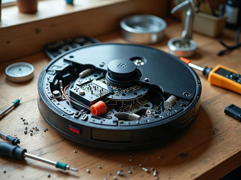 A close-up view of a robot vacuum's side brush, showing how to properly remove and replace it.