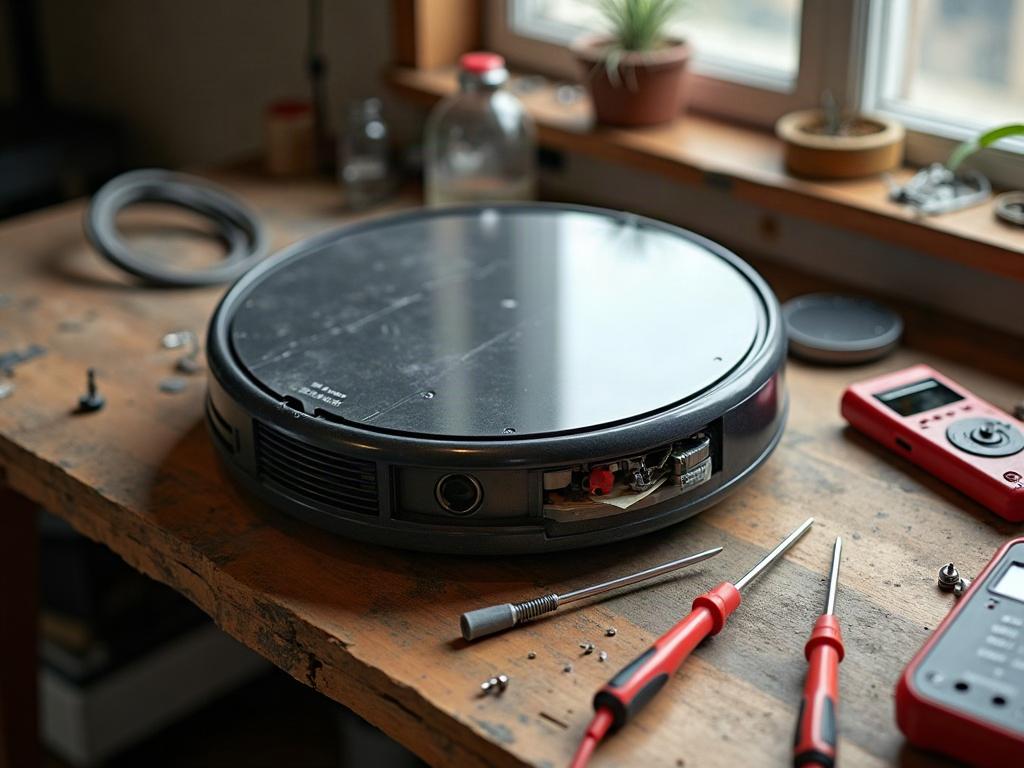 A robot vacuum with its bottom panel removed, exposing the brush and other internal components.
