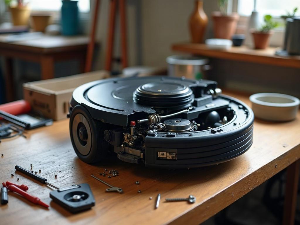 A robot vacuum cleaner with its bottom plate removed, exposing the brushes, sensors, and other internal components.