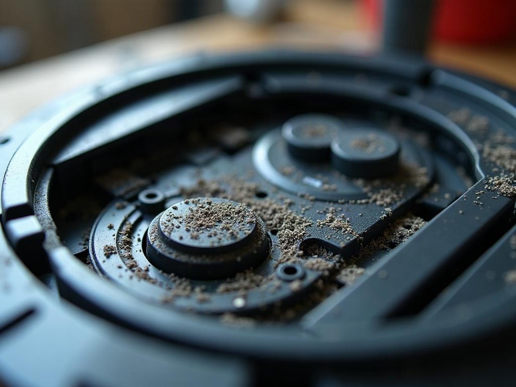 A close-up view of a robot vacuum's internal components, including the main brush, side brushes, and sensors.