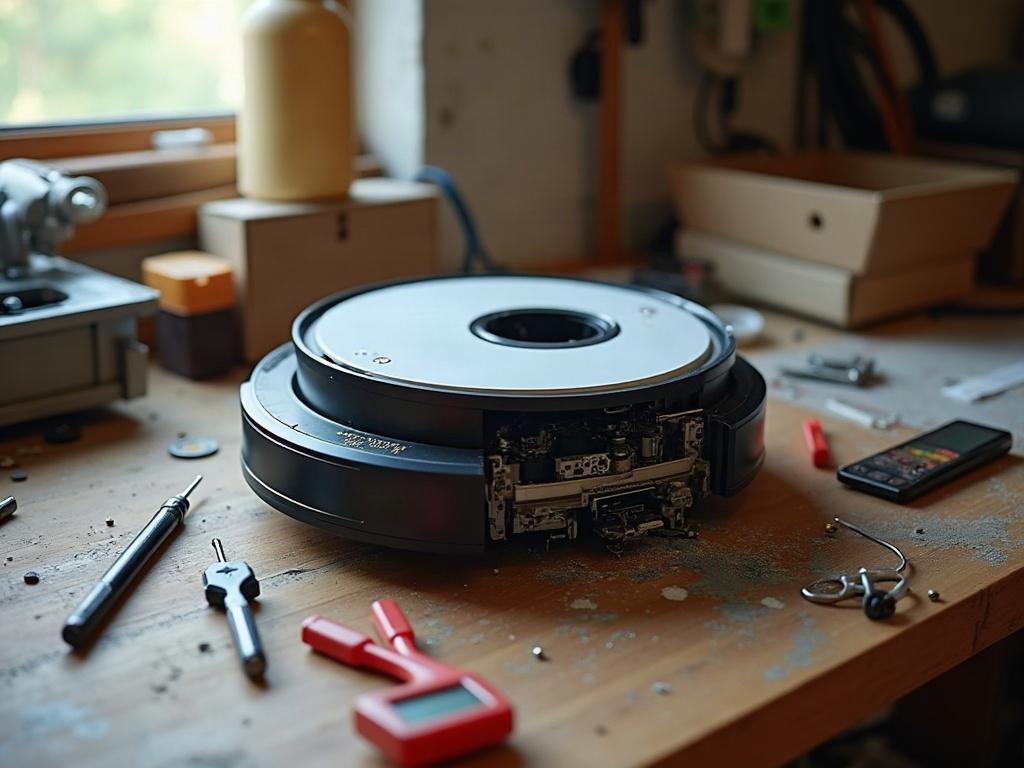 A robot vacuum with the dustbin removed, showing the interior components