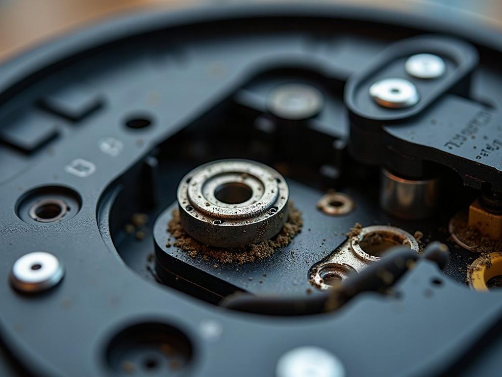 A close-up view of a robot vacuum's dustbin, showing the filters and sensors