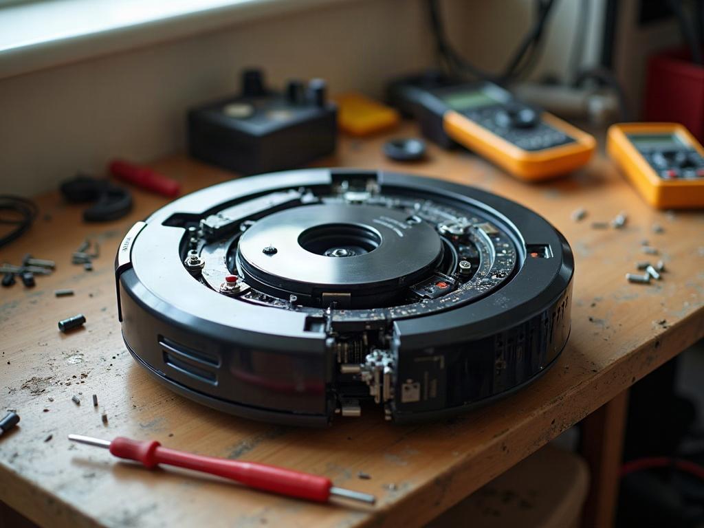 A robot vacuum cleaner with its bottom plate removed, exposing the internal components.