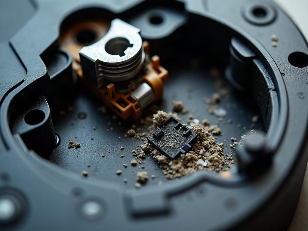 A close-up view of the internal components of a robot vacuum, including the LiDAR turret, cliff sensors, and wheel motors.