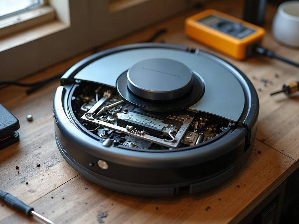 A robot vacuum with its bottom panel open, exposing the filter compartment.