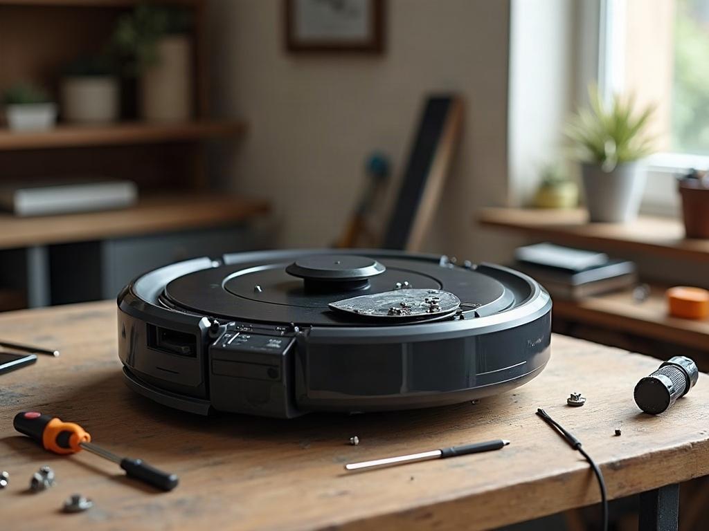 A robot vacuum cleaner spinning in circles on a hardwood floor