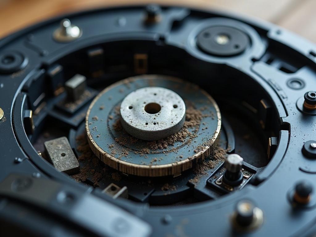 A close-up view of a robot vacuum's underside, showing the cliff sensors and wheel assembly