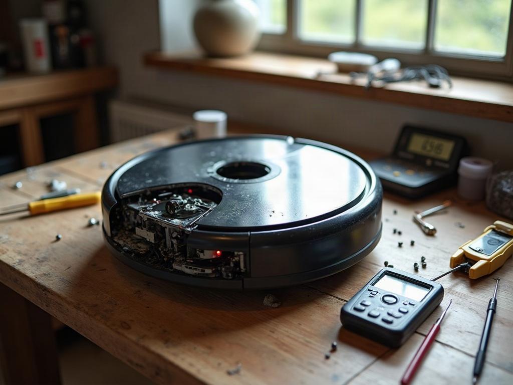 A robot vacuum cleaner with its bottom panel removed, revealing the internal components like wheels, sensors, and brushes.