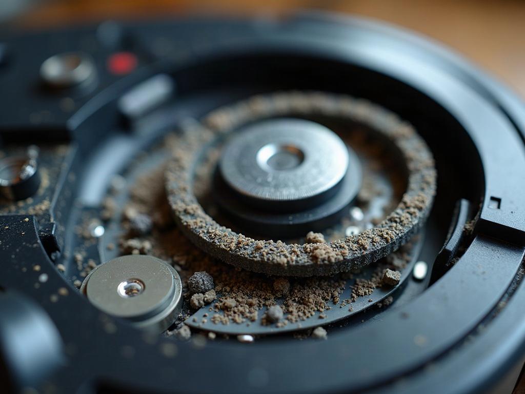 A close-up view of the internal components of a robot vacuum, including the wheels, brushes, and sensors.