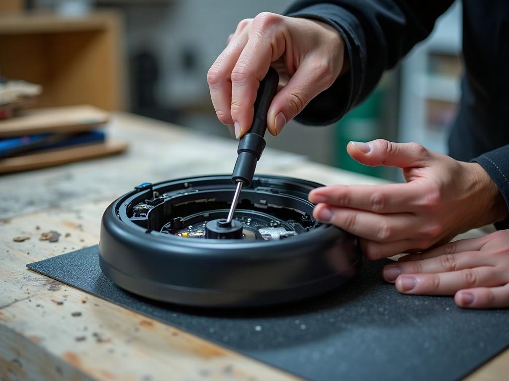A robot vacuum cleaner with its bottom plate removed, revealing the internal components.