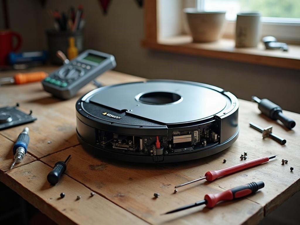 A close-up view of a robot vacuum's battery pack being replaced.