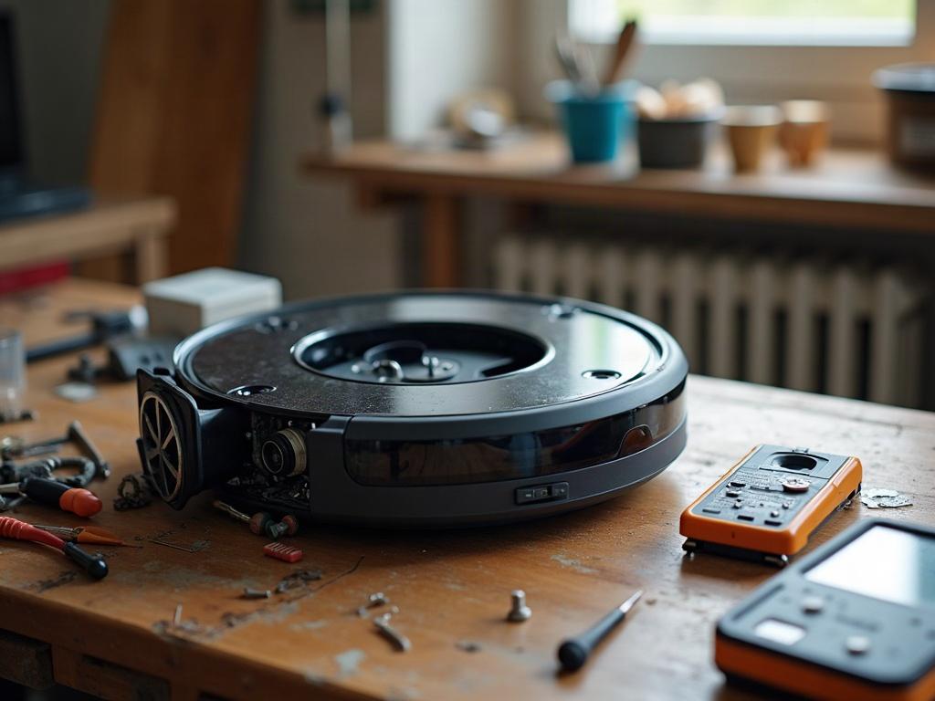 A robot vacuum cleaner with its bottom panel removed, exposing the internal components.