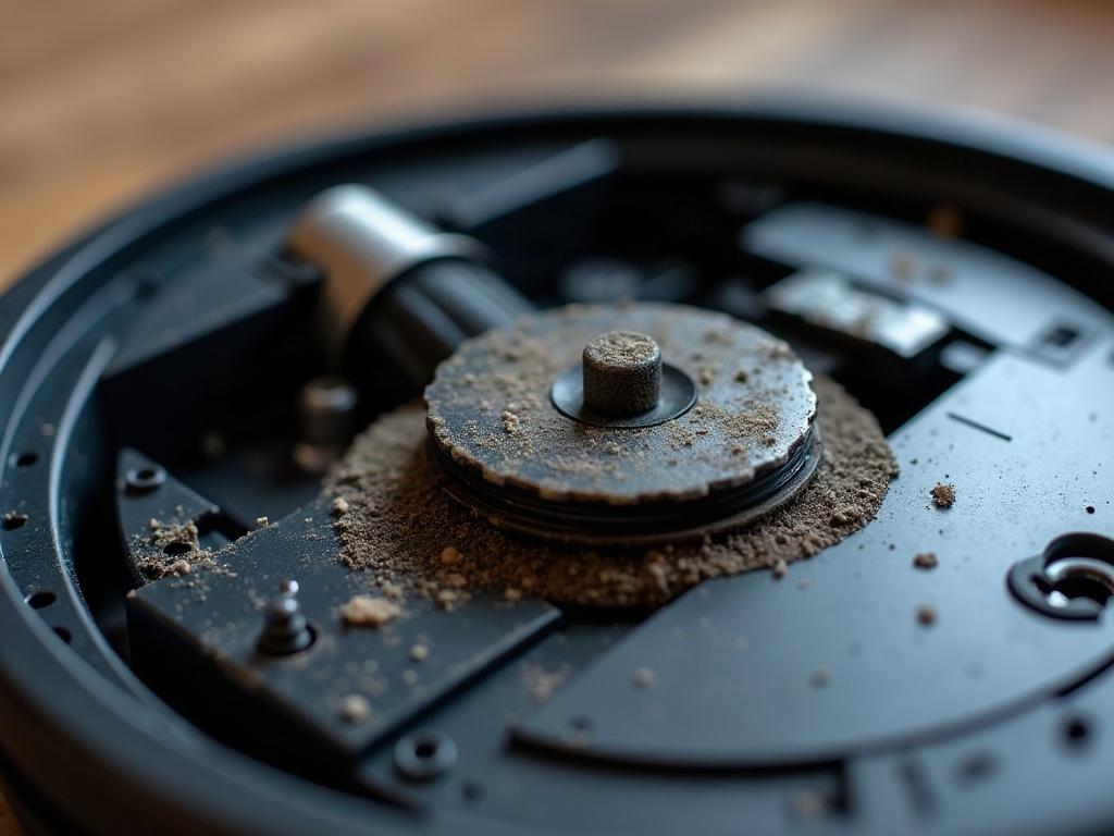 A close-up view of a robot vacuum's brush roll and wheel assembly.