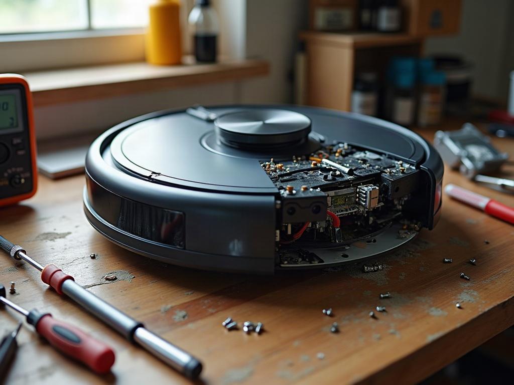A robot vacuum cleaner with its bottom panel removed, exposing the internal components.