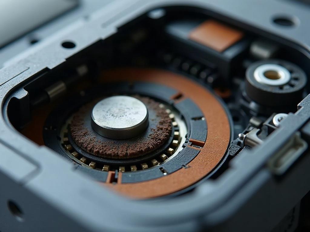 A close-up view of a robot vacuum's internal components, including the brush roll, wheels, and sensors.