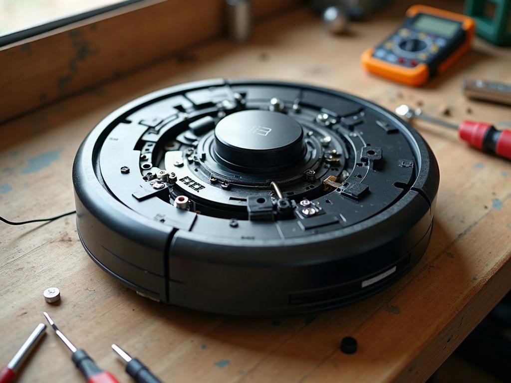 A robot vacuum cleaner with its bottom panel removed, revealing the internal components.