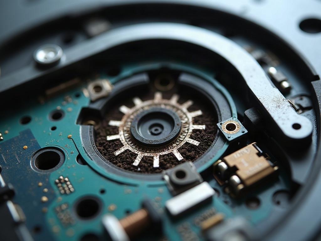 A close-up view of the underside of a robot vacuum, showing the navigation sensors.