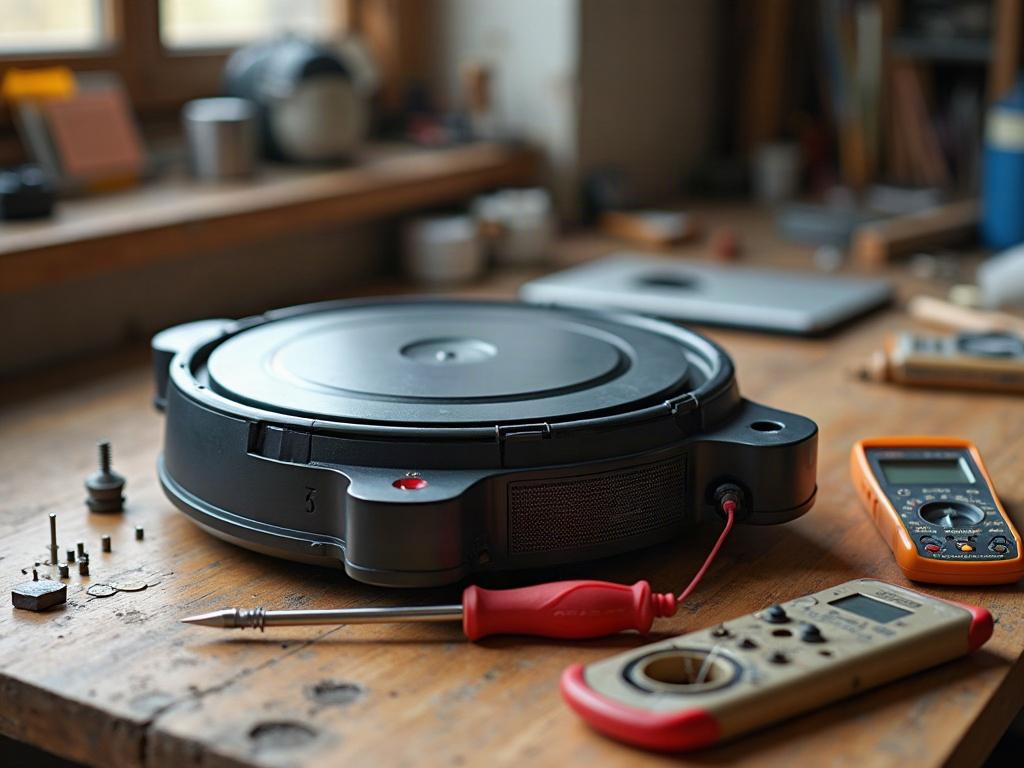 A robot vacuum mop with its bottom plate removed, revealing the internal components like the wheels, sensors, and battery pack.