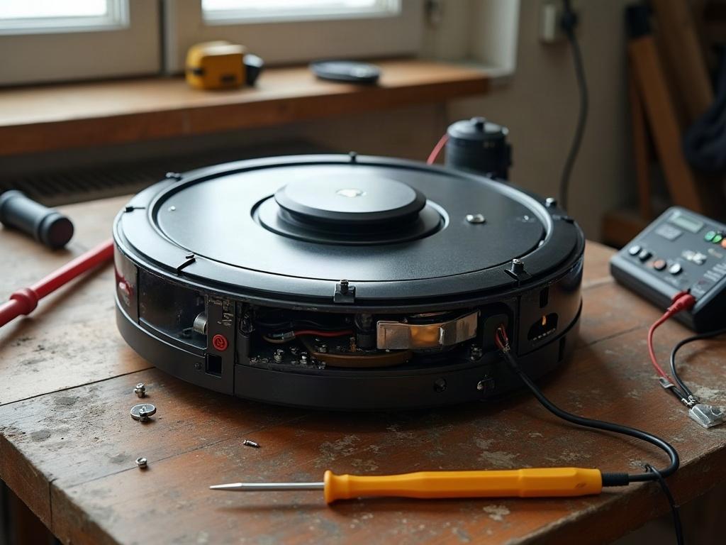 A robot vacuum with its bottom plate removed, exposing the internal components including the motor.