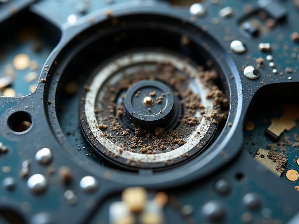 A close-up view of a robot vacuum motor, showing the shaft, gears, and electrical connections.