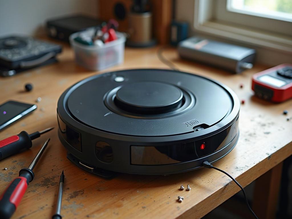 A robot vacuum cleaner docked on its charging station